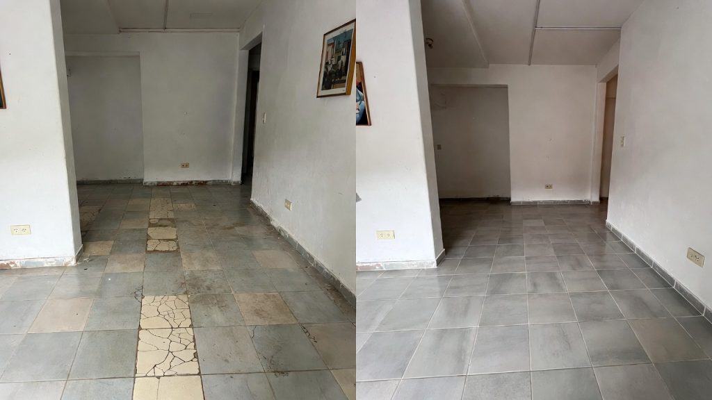 Antes y después cambio de suelo porcelánico en Madrid